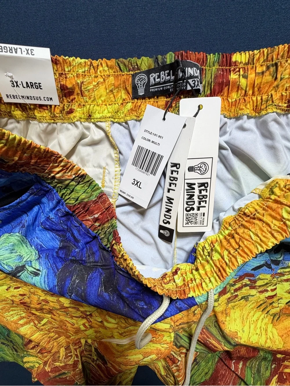 NWT Polyester 3XL Rebel Minds Van Gogh Artwork Print Swim Trunks Shorts